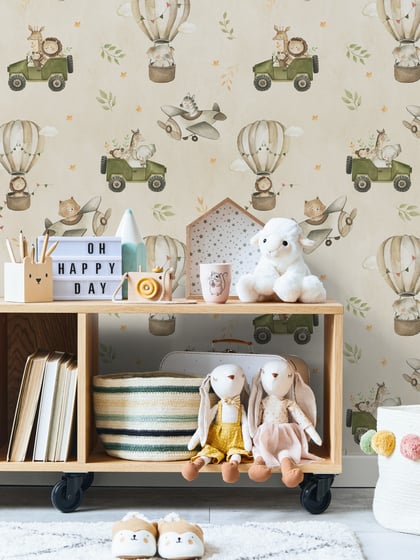 Kids Cute Cartoon Animals in Planes Pattern Wallpaper Mural - Style I