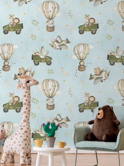 Kids Cute Cartoon Animals in Planes Pattern Wallpaper Mural - Style II