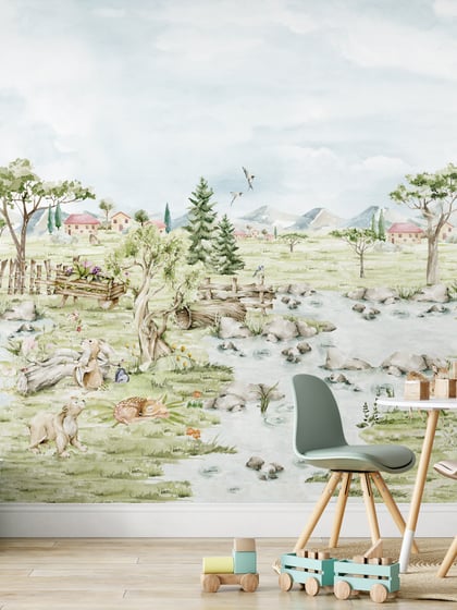 Serene Pastoral Landscape with Animals Wallpaper thumbnail 1