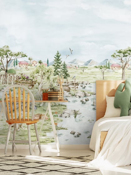 Serene Pastoral Landscape with Animals Wallpaper thumbnail 4