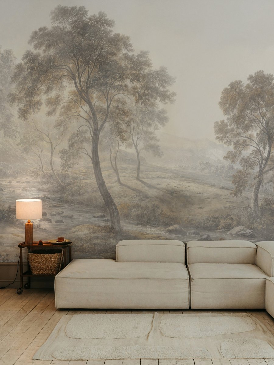 Serene Misty Mountain and River Landscape Wall Mural | Wallhue
