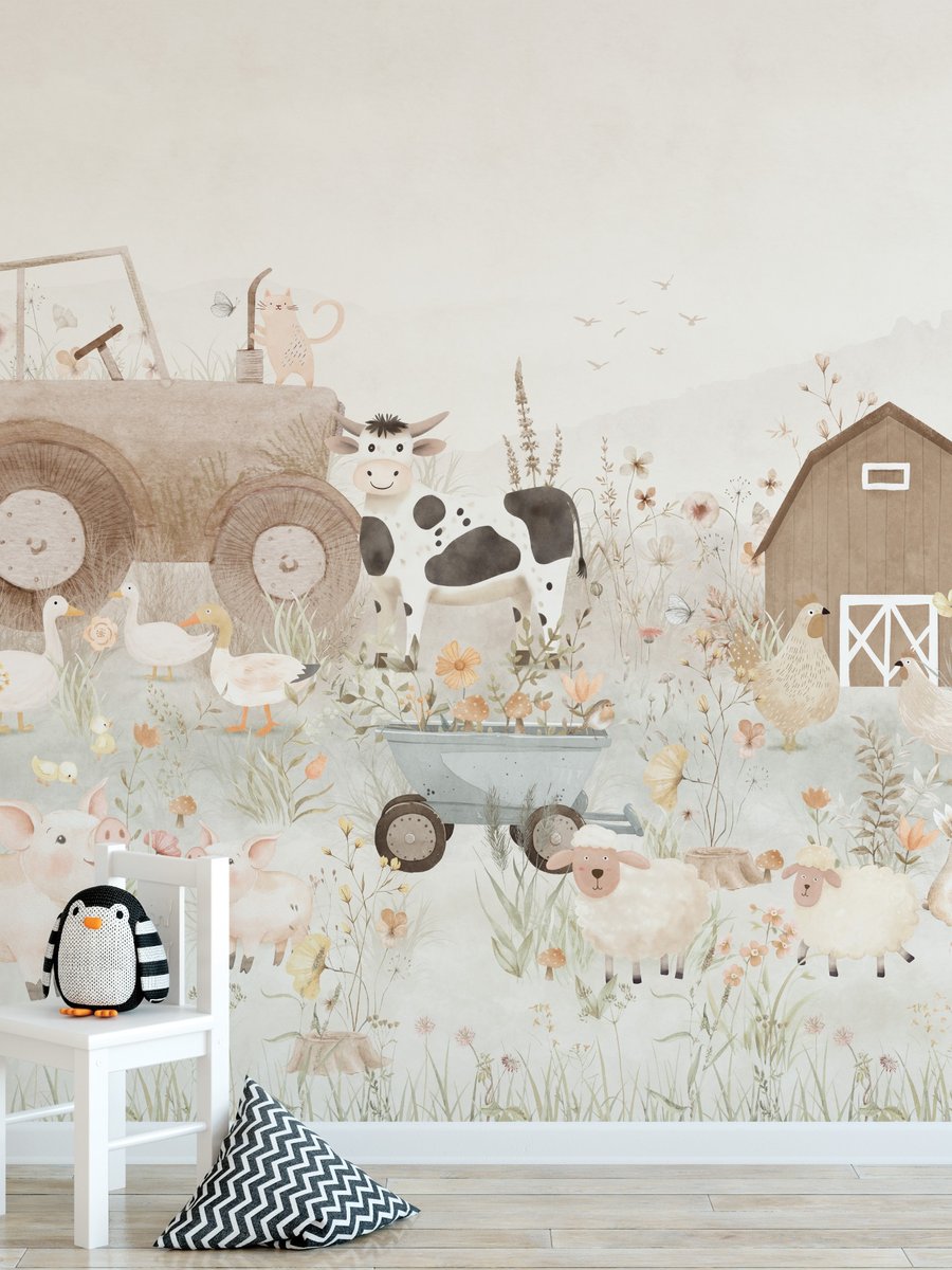 Kids Pastel Farm Animals Wallpaper Mural | Wallhue