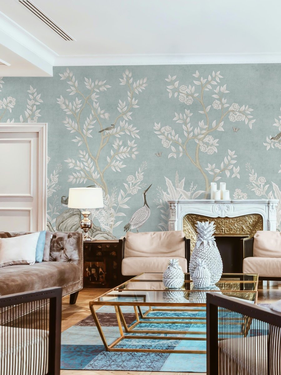 Elegant Chinoiserie Birds and Leaves Wallpaper Mural | Wallhue