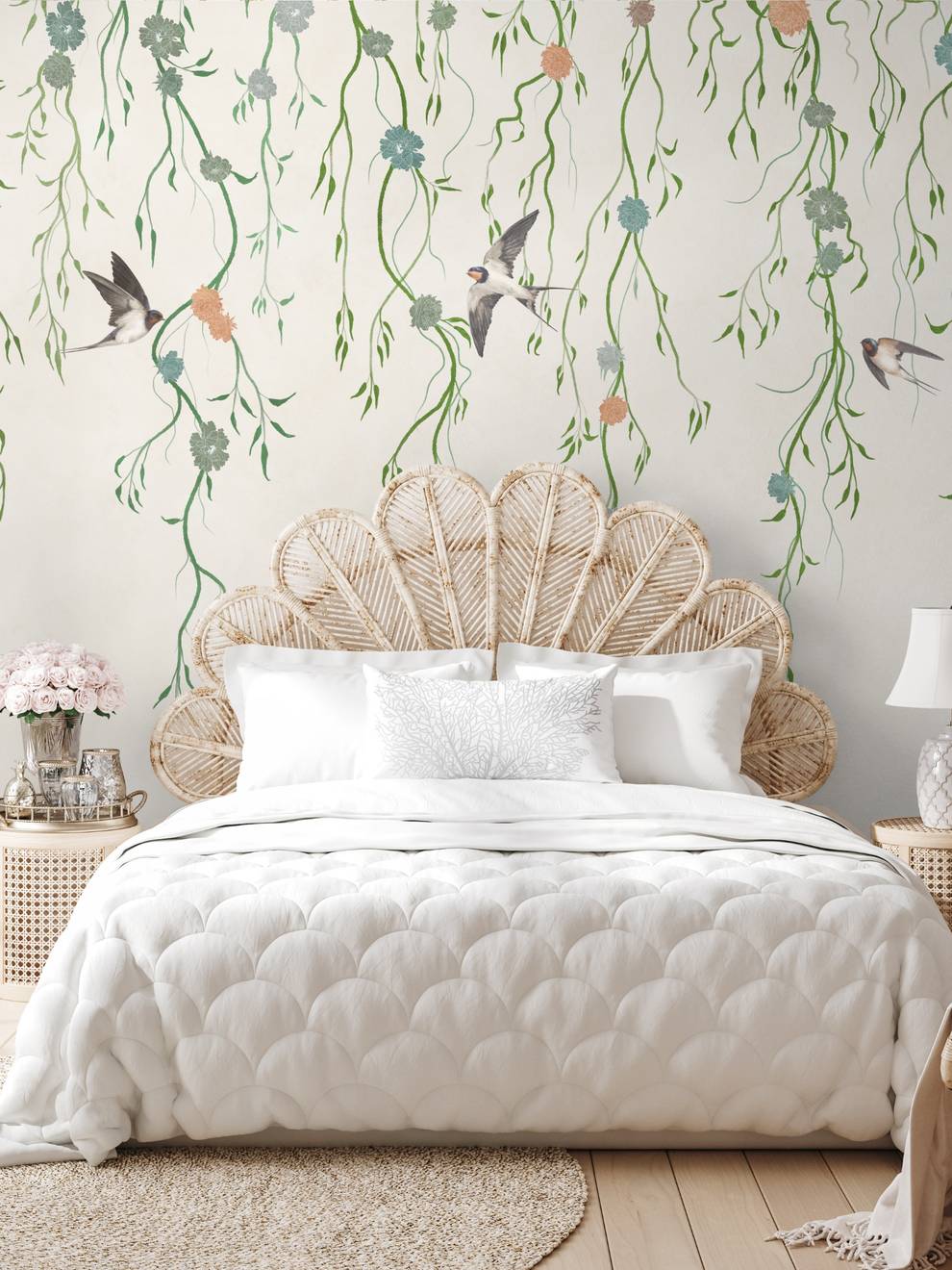 Floral Cascade and Birds Wallpaper Mural
