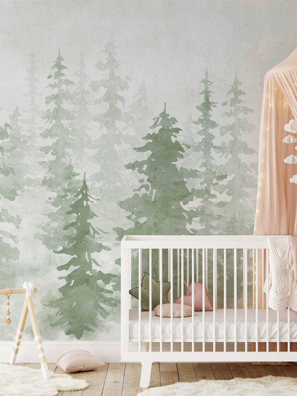 Misty Forest Silhouette Watercolor Wallpaper Mural