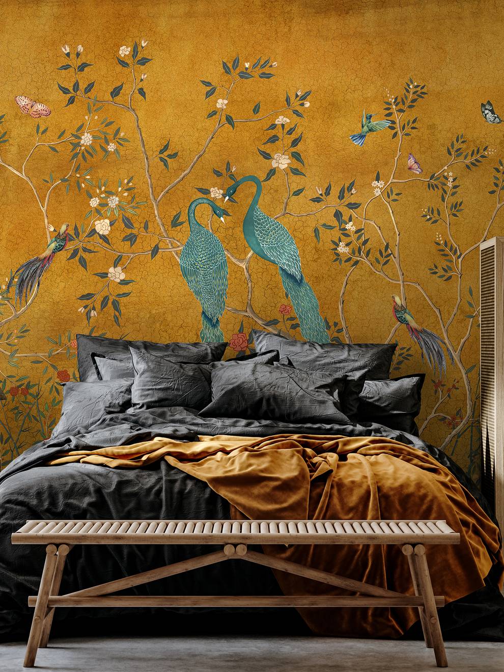 Chinoiserie Peacock and Blossom Wallpaper Mural