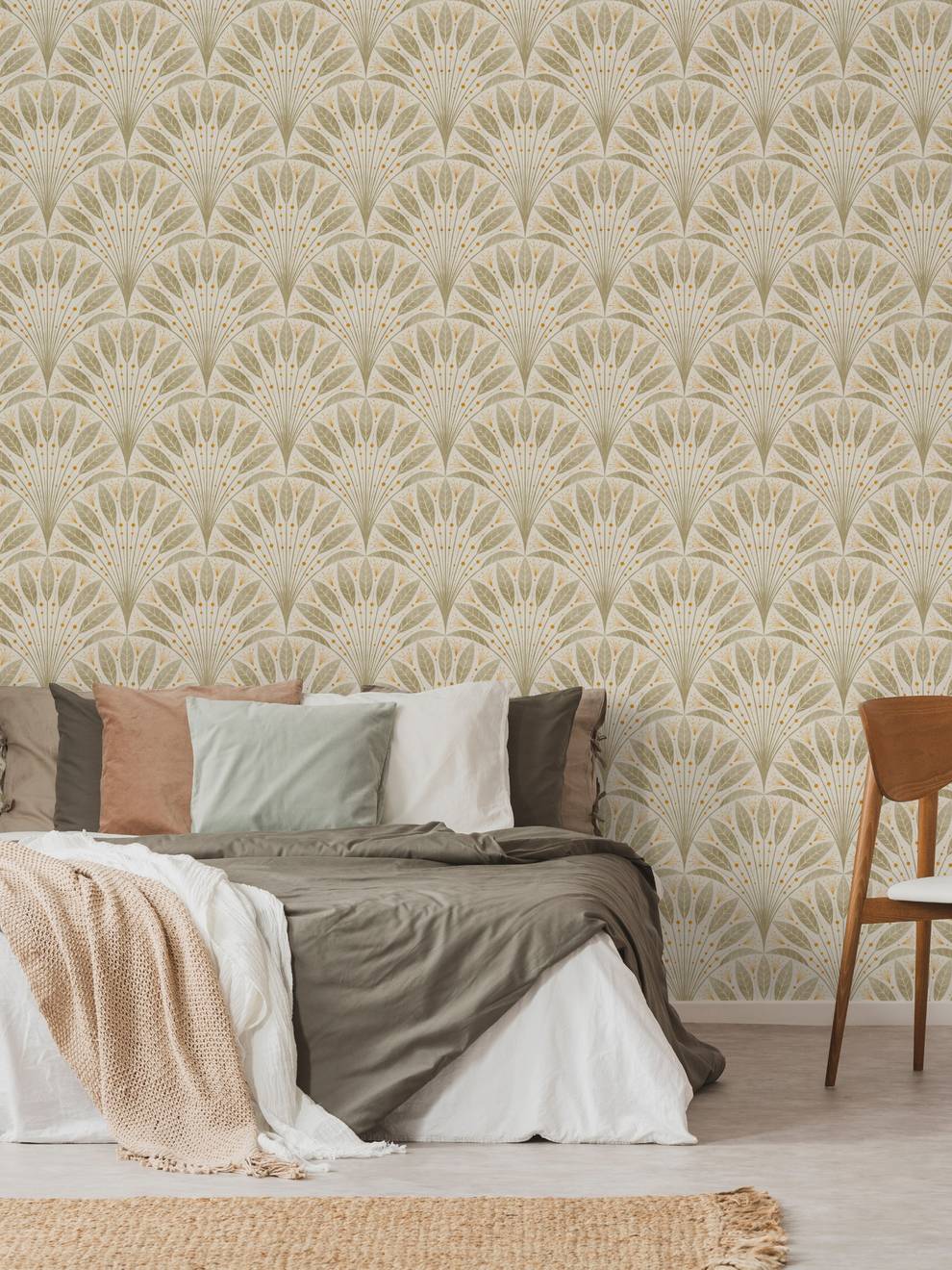 Elegant Fan Leaf Pattern Beige Wallpaper Mural