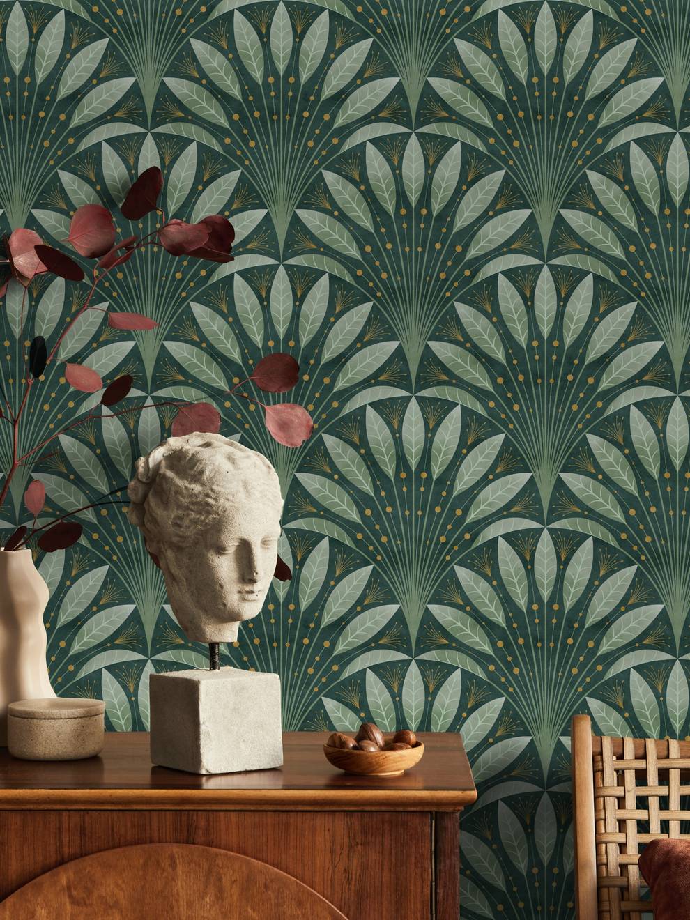 Elegant Fan Leaf Pattern Wallpaper Mural