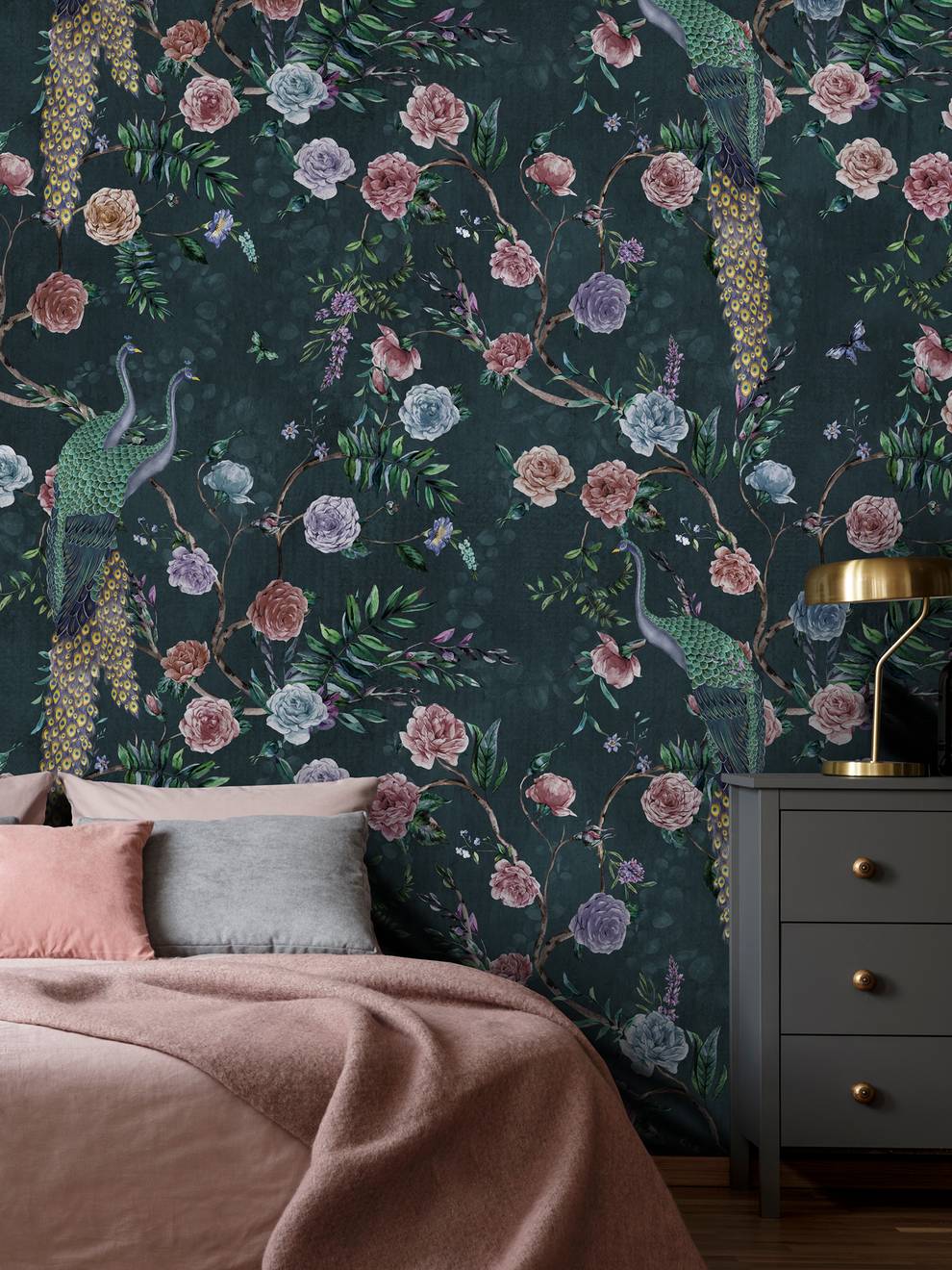 Midnight Floral Peacock Elegance Wallpaper Mural