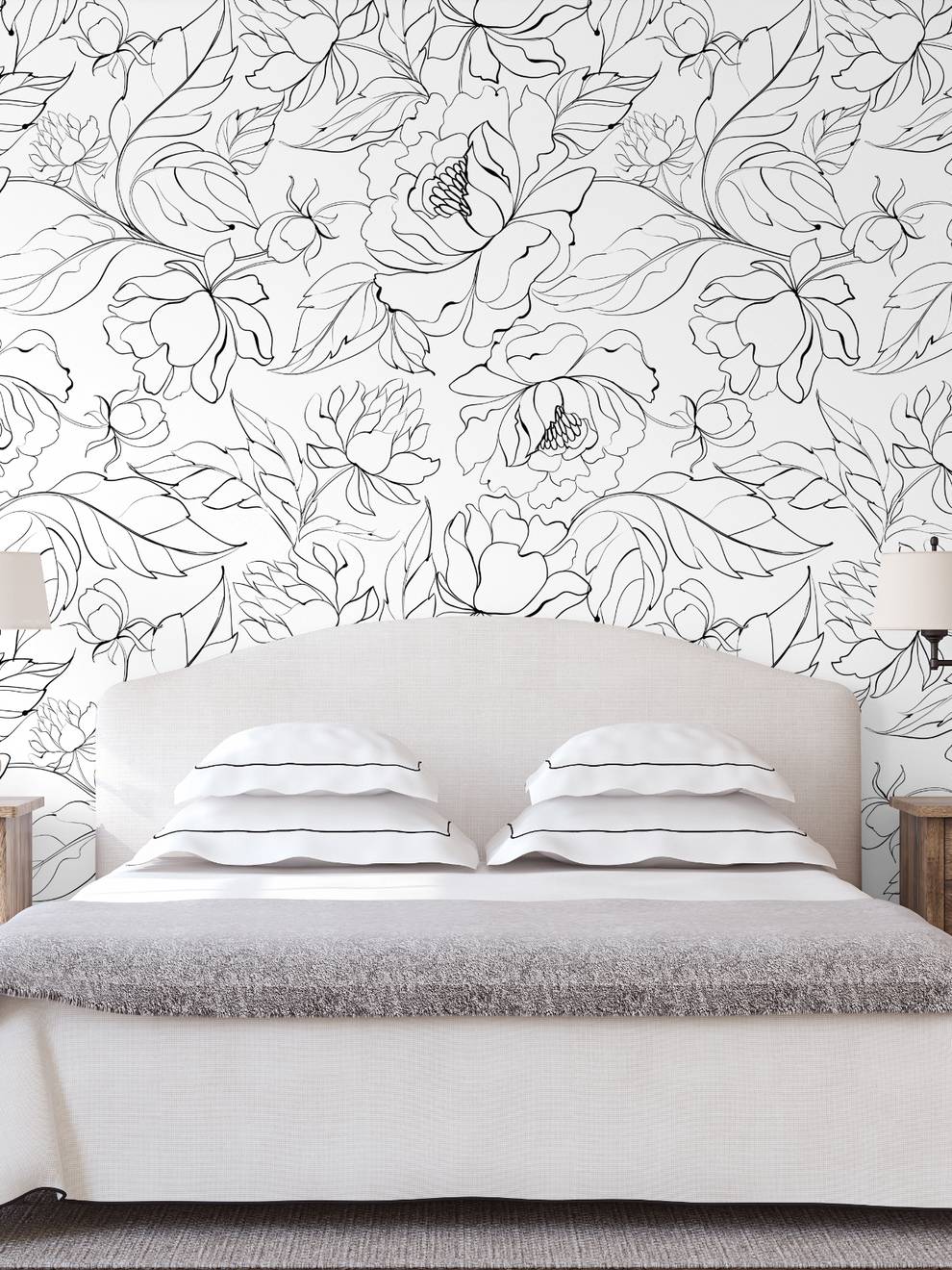 Modern Black White Floral Drawing Wallpaper Mural