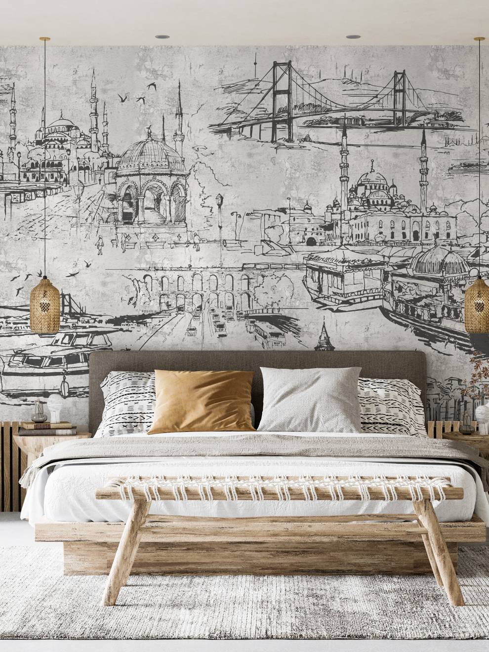 Vintage Cityscape Sketch Wallpaper Mural