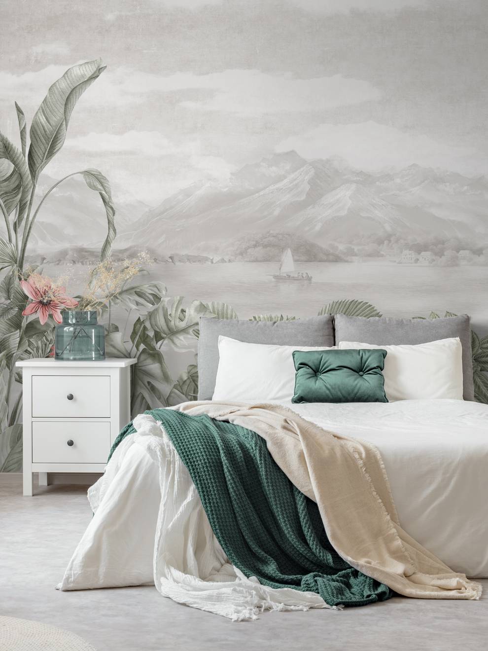 Serene Botanical Mountain Landscape Wallpaper Mural
