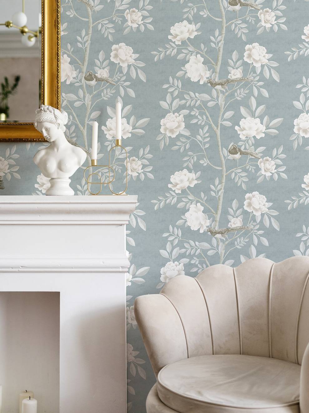 Serene Chinoiserie Garden Birds Wallpaper Mural