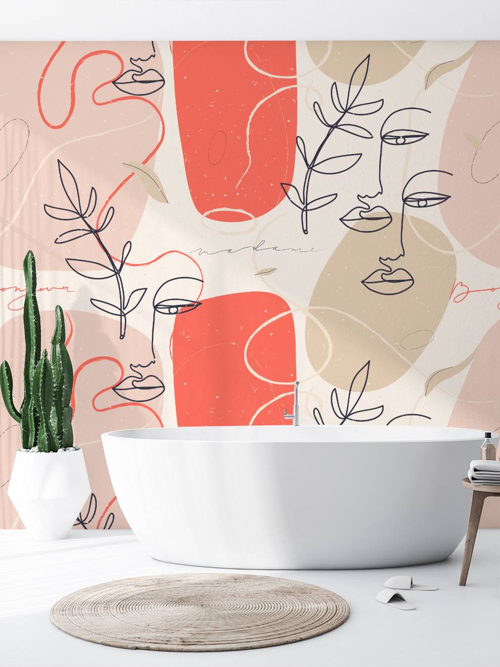 Modern Artistic Faces and Leaves Pattern Wallpaper Mural