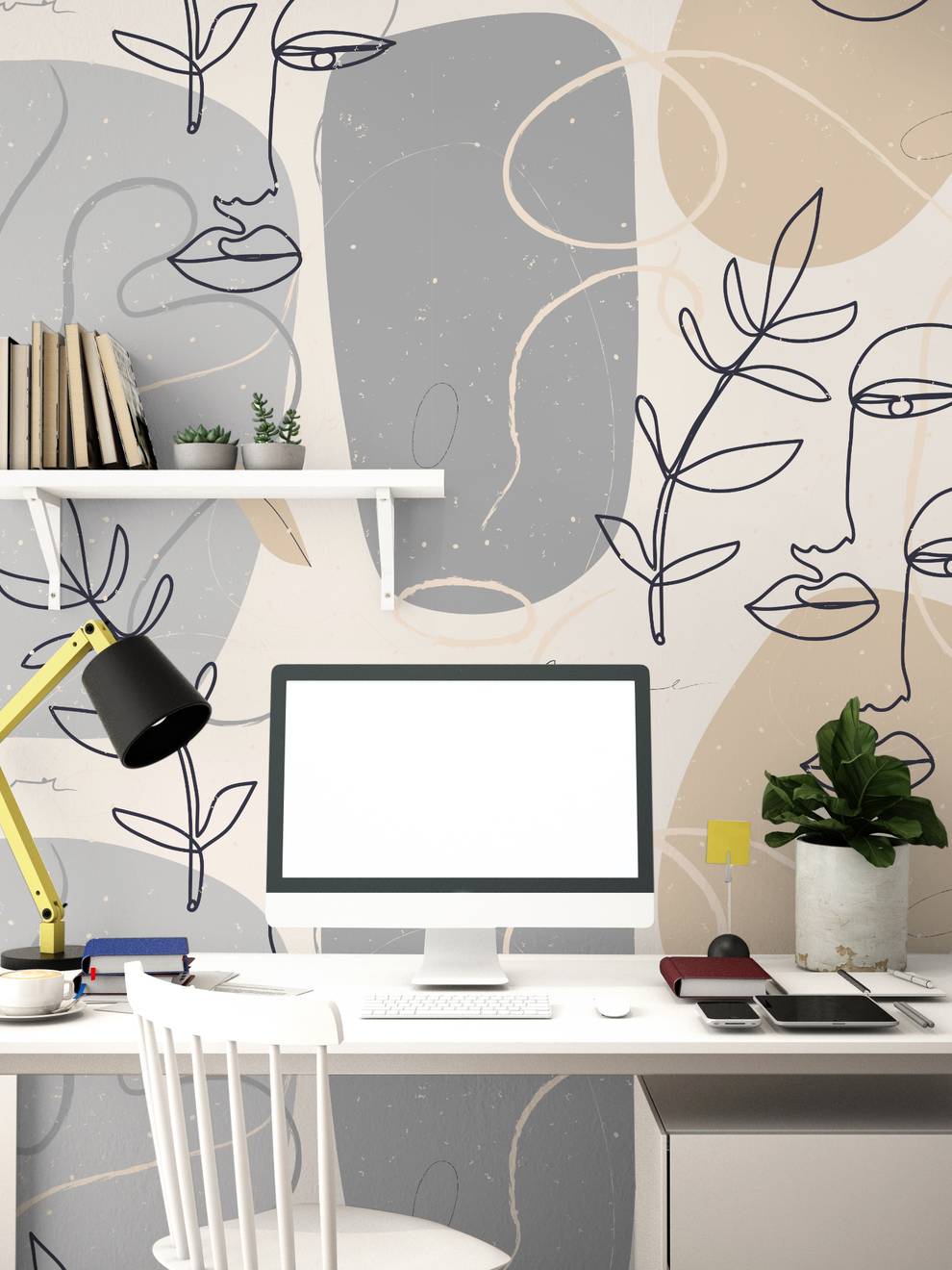 Modern Artistic Faces and Leaves Pattern Wallpaper Mural
