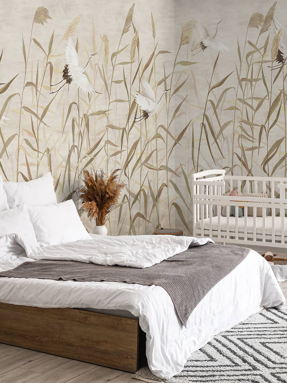 Graceful Cranes in Reeds Neutral Wallpaper Mural