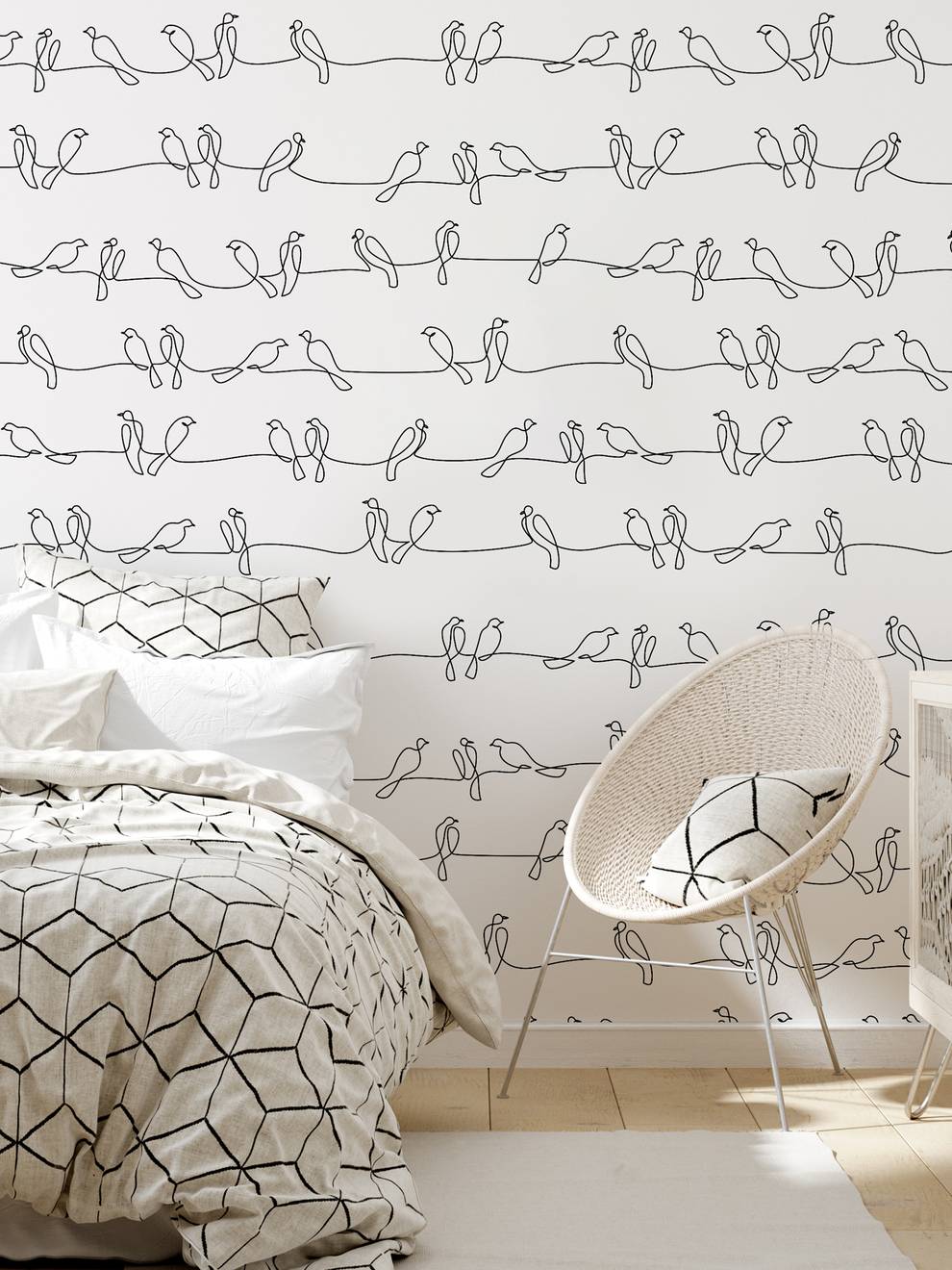 Minimalist Line Art Birds Pattern Wallpaper Mural