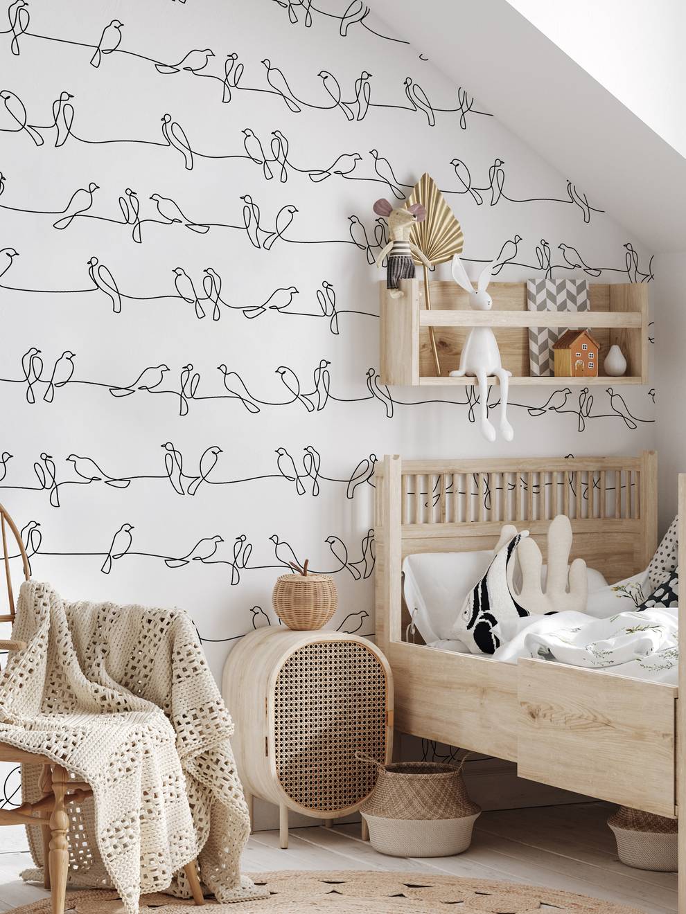 Minimalist Line Art Birds Pattern Wallpaper Mural