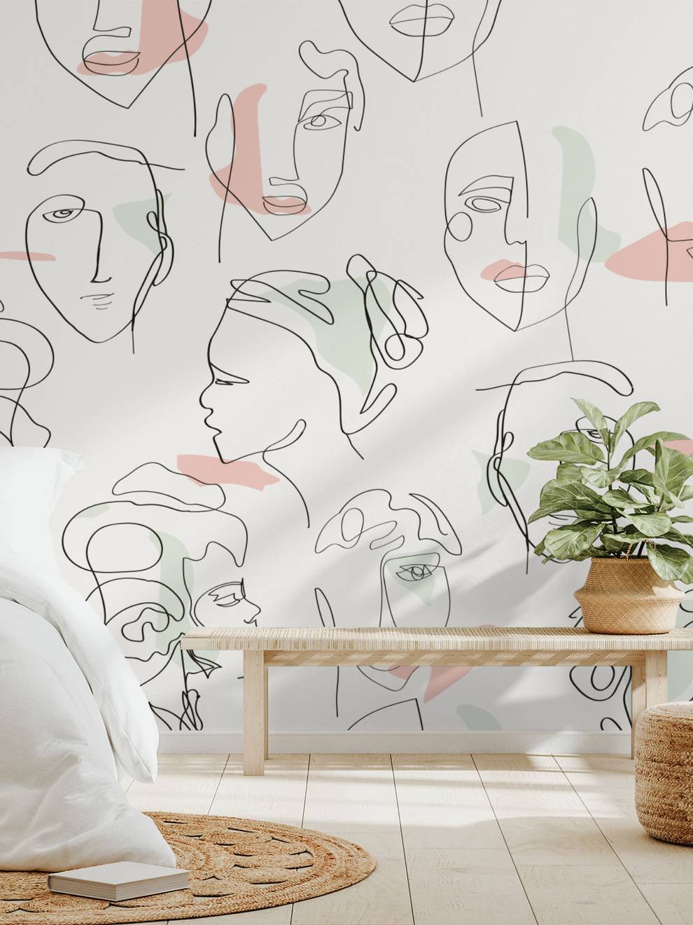 Abstract Faces Line Art Minimalist Wallpaper Mural