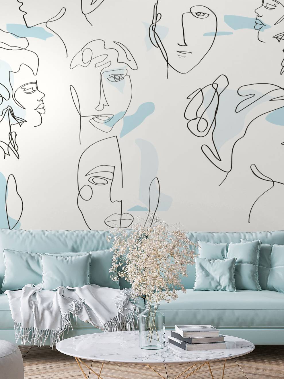 Abstract Faces Line Art Minimalist Wallpaper Mural