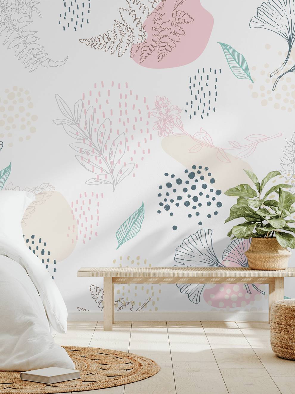 Abstract Hand Drawing Leaves Wallpaper Mural