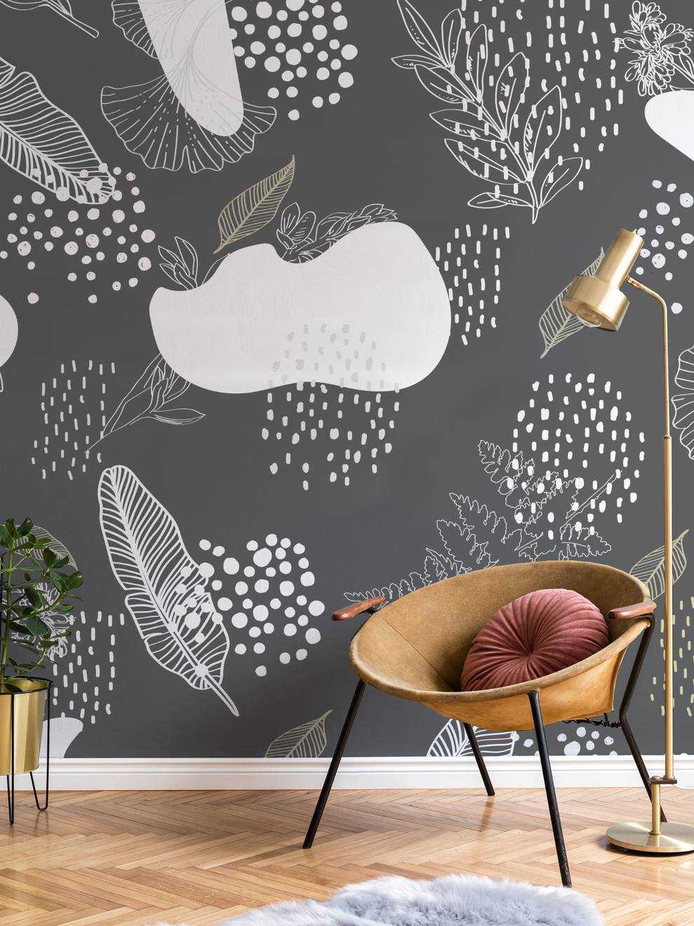 Abstract Hand Drawing Leaves Wallpaper Mural