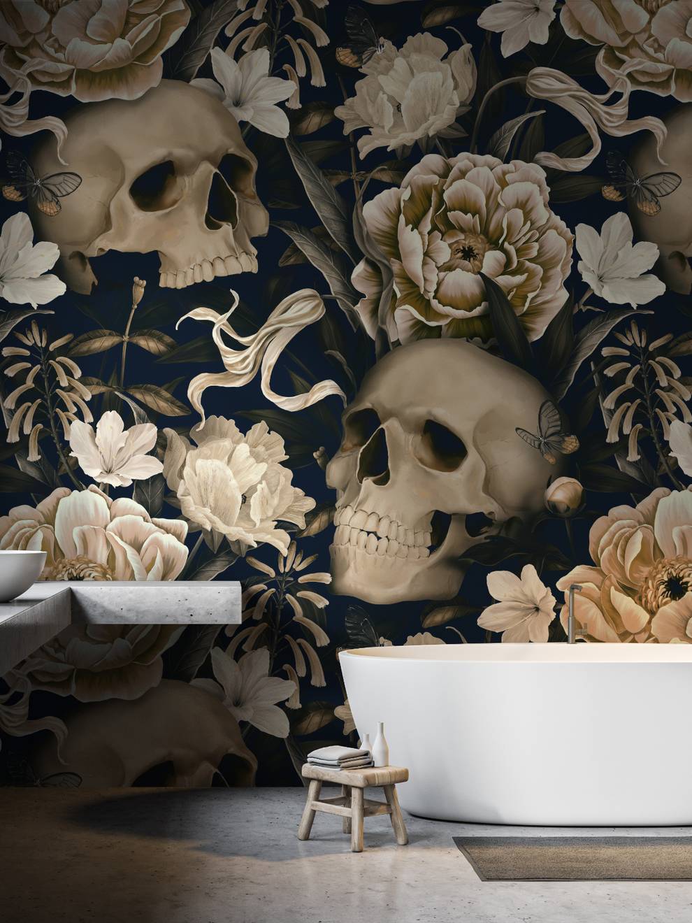 Gothic Floral and Skulls Pattern Wallpaper Mural