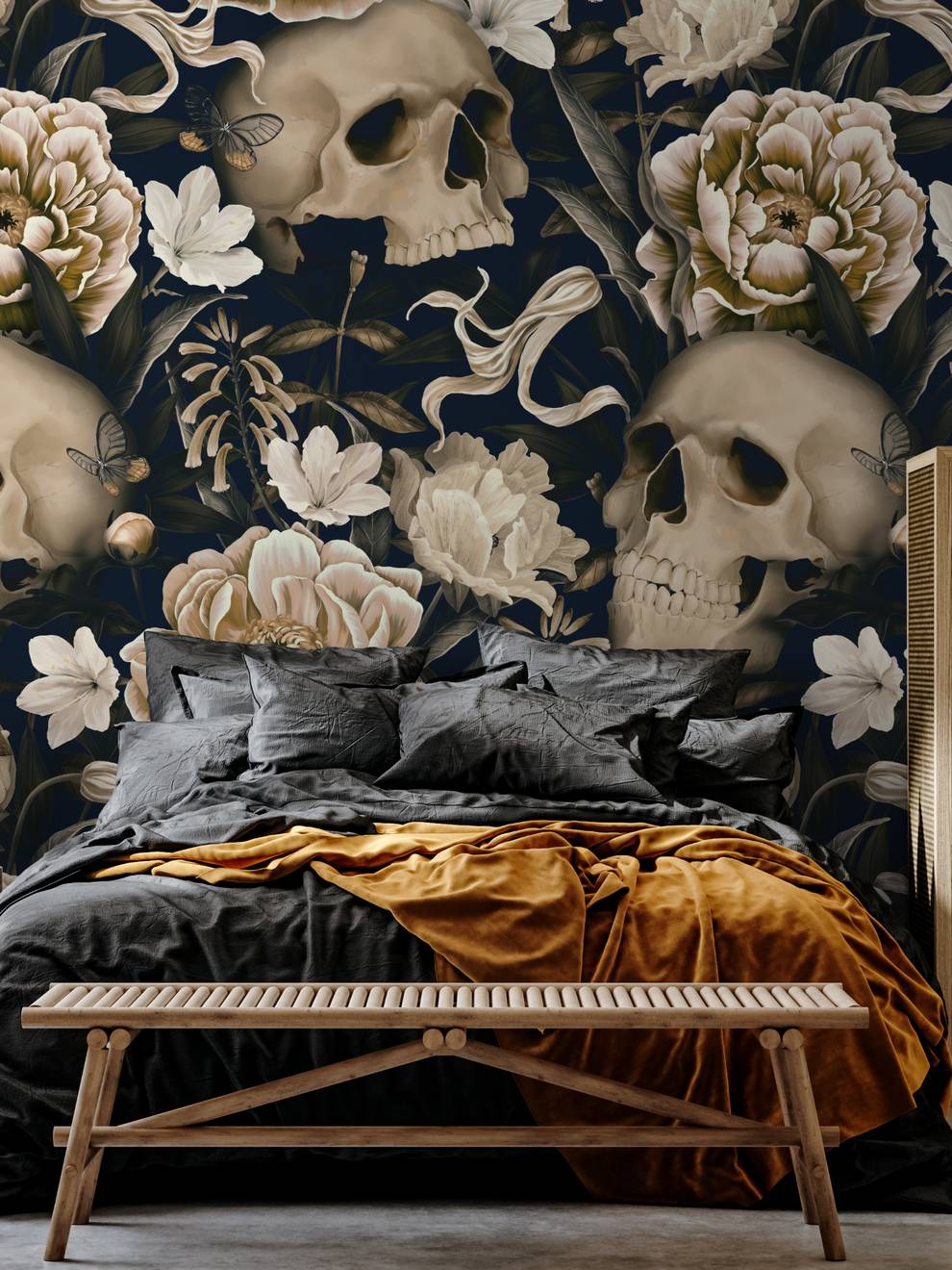 Gothic Floral and Skulls Pattern Wallpaper Mural