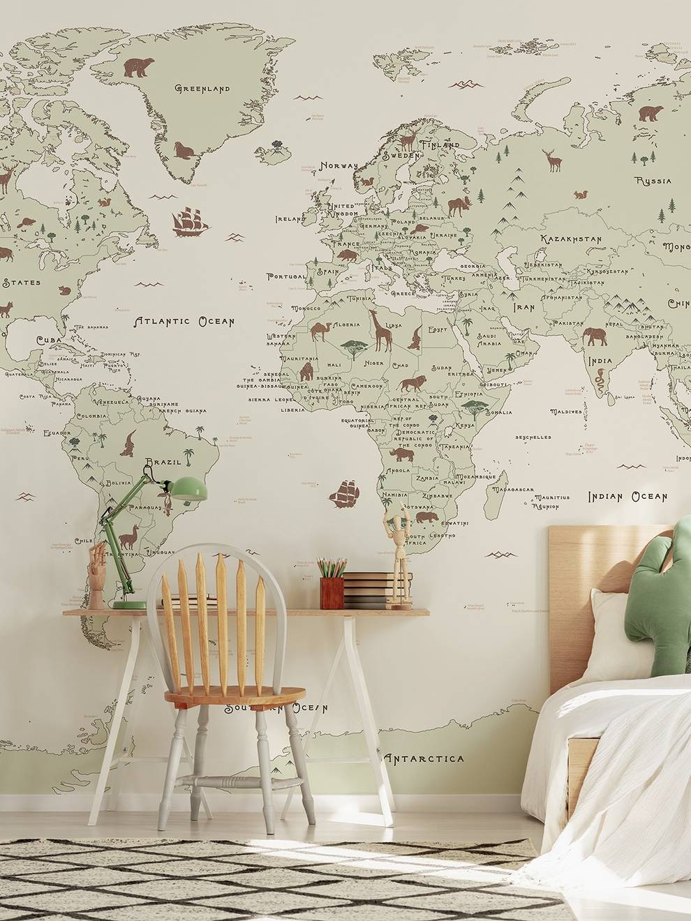 Safari Adventure World Map Kids Wallpaper Mural