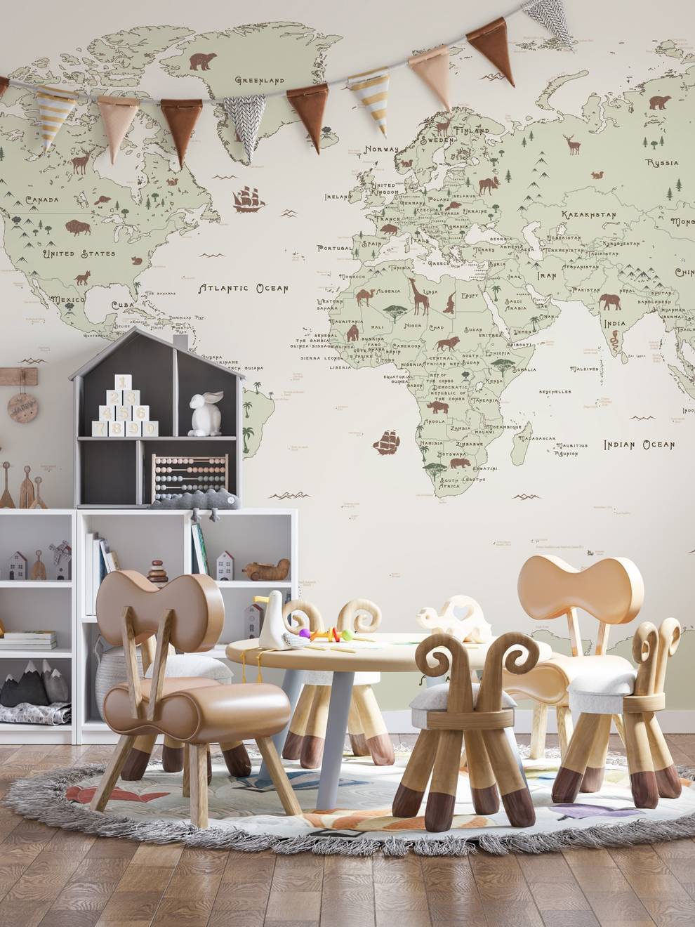 Safari Adventure World Map Kids Wallpaper Mural