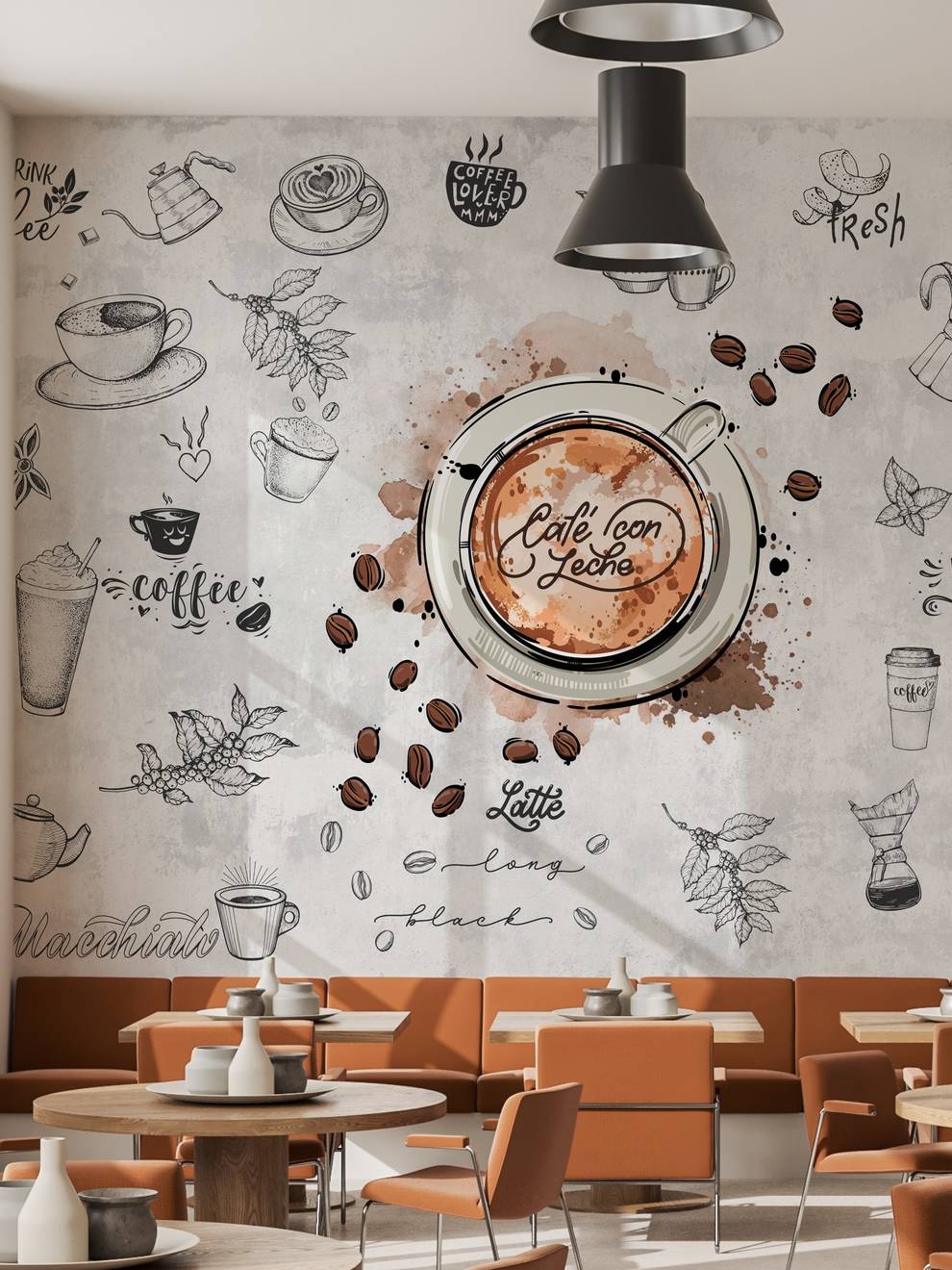 Watercolor Capuccino Art Coffee Shop Wallpaper Mural