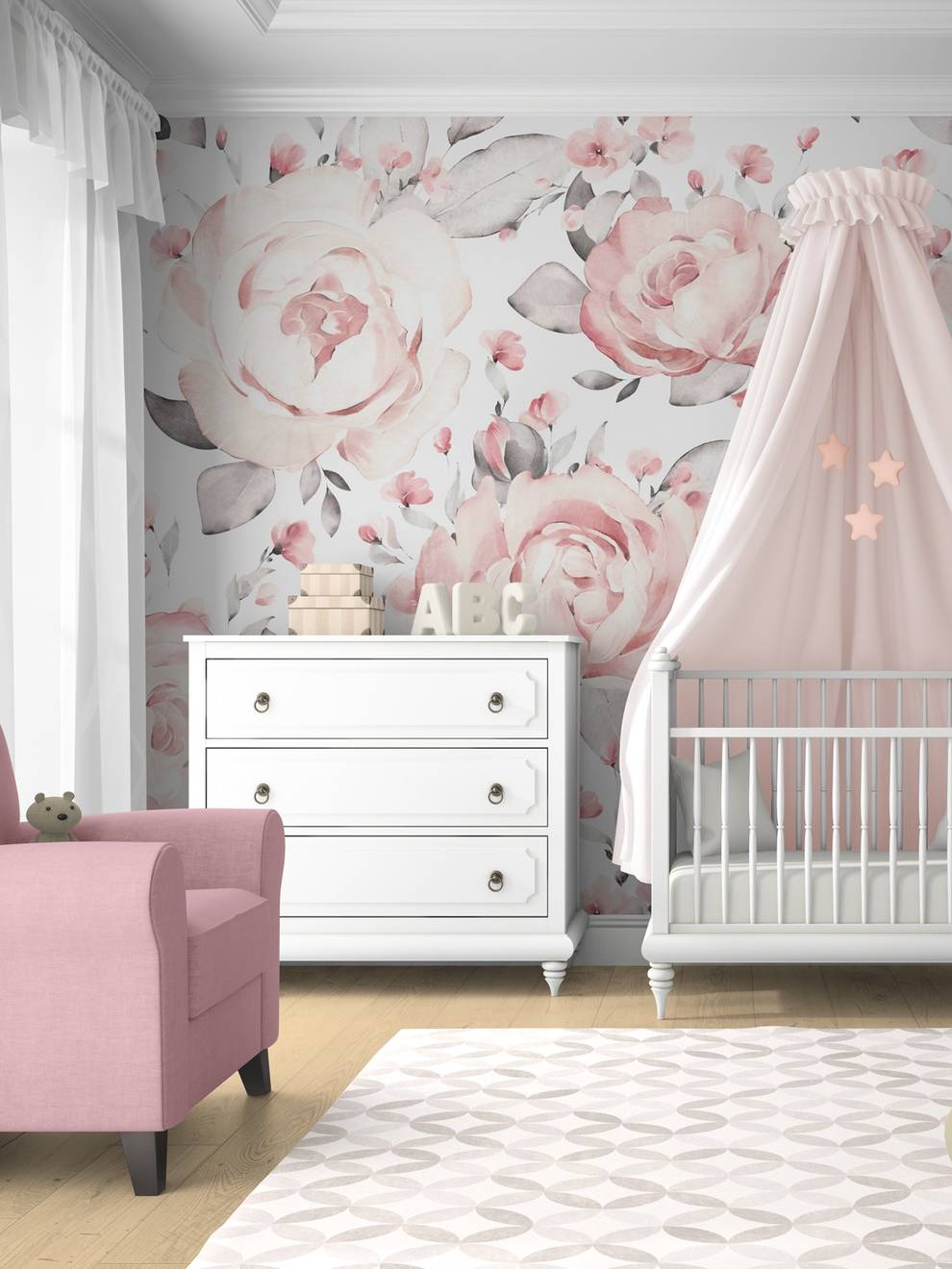 Kids Blush Floral Watercolor Peony Wall Mural