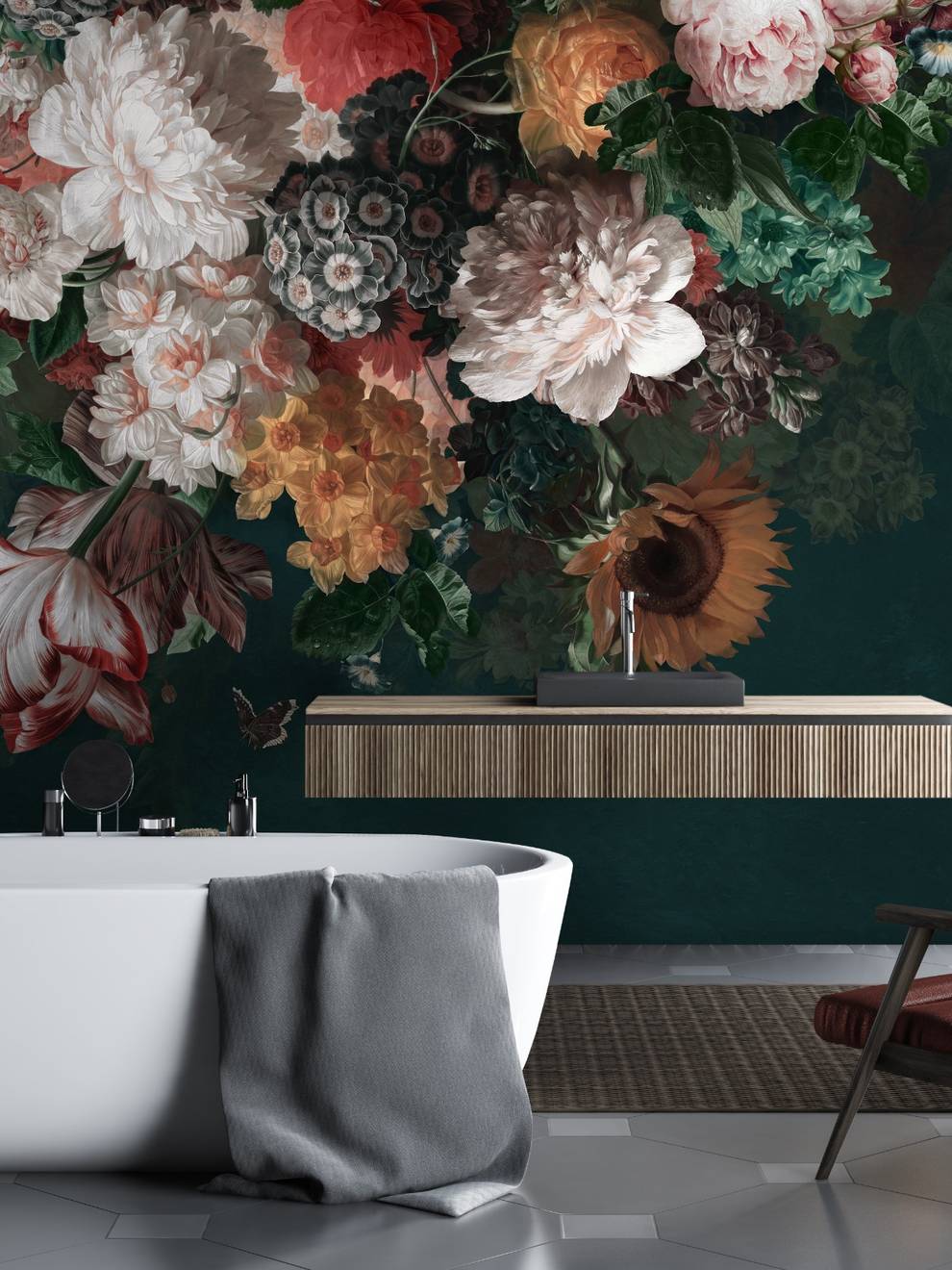 Enchanted Dark Dutch Floral Bouquet Wallpaper Mural