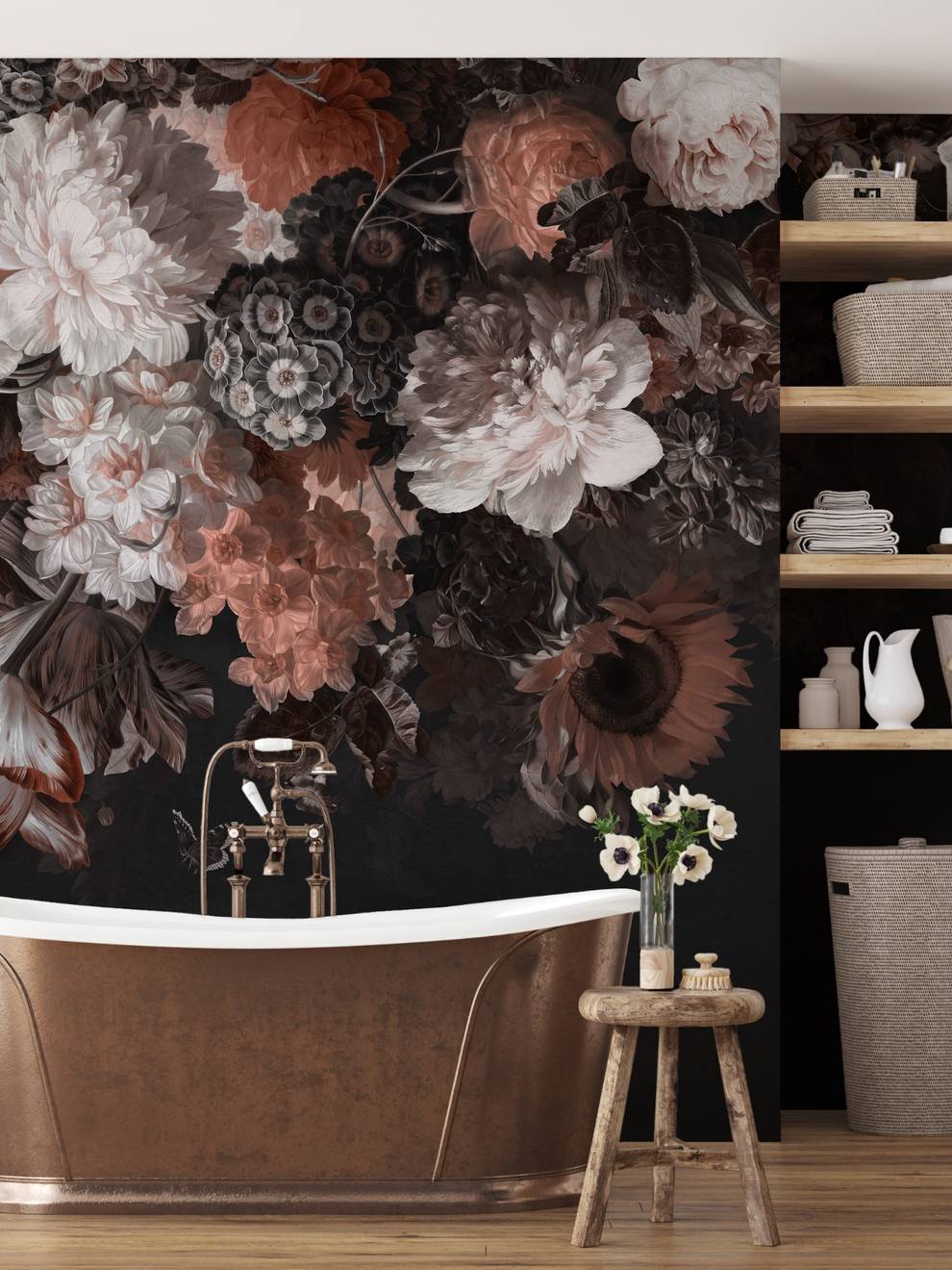 Enchanted Dark Dutch Floral Bouquet Wallpaper Mural