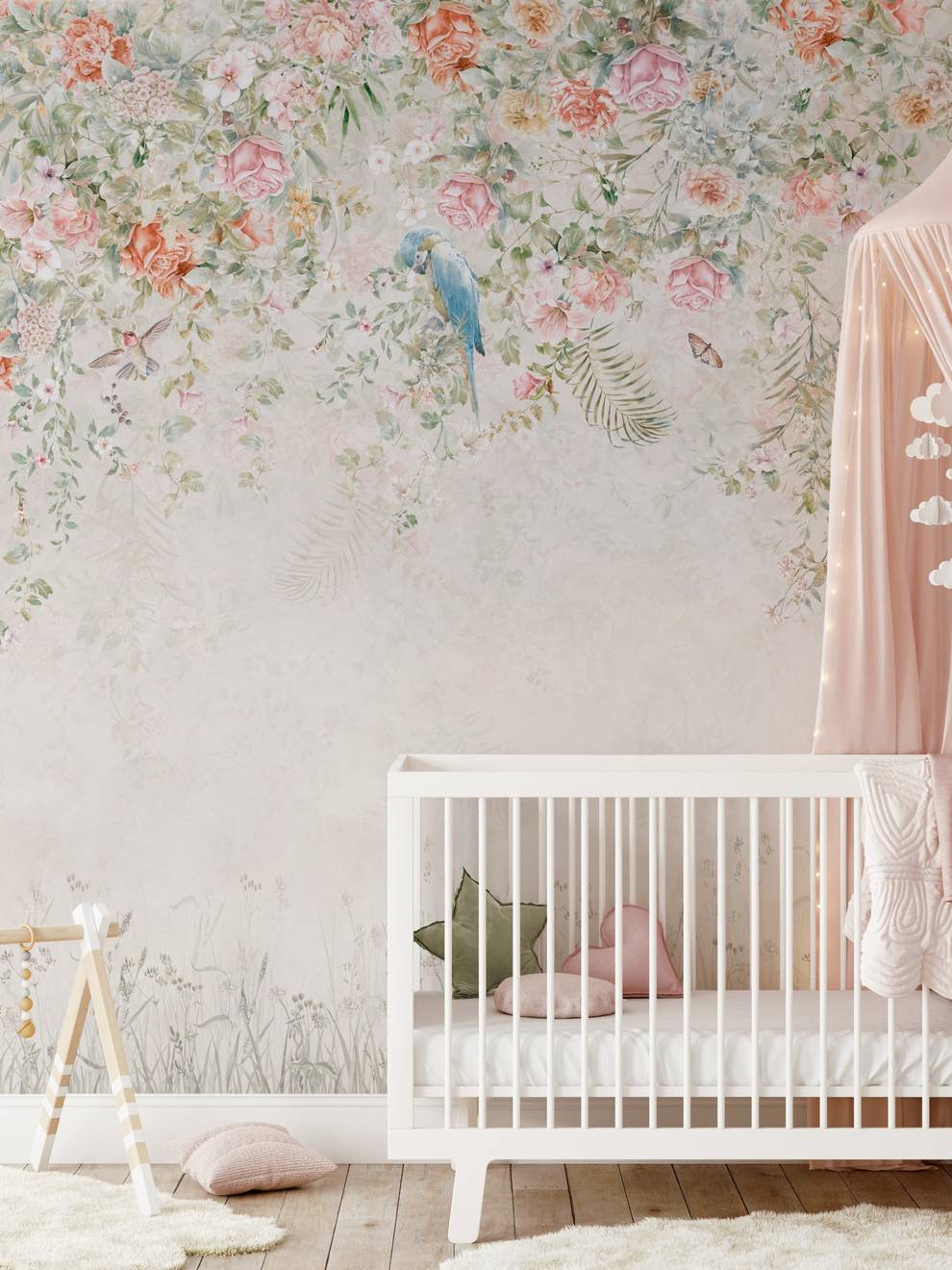 Colorful Ivy Floral and  Birds Wallpaper Mural