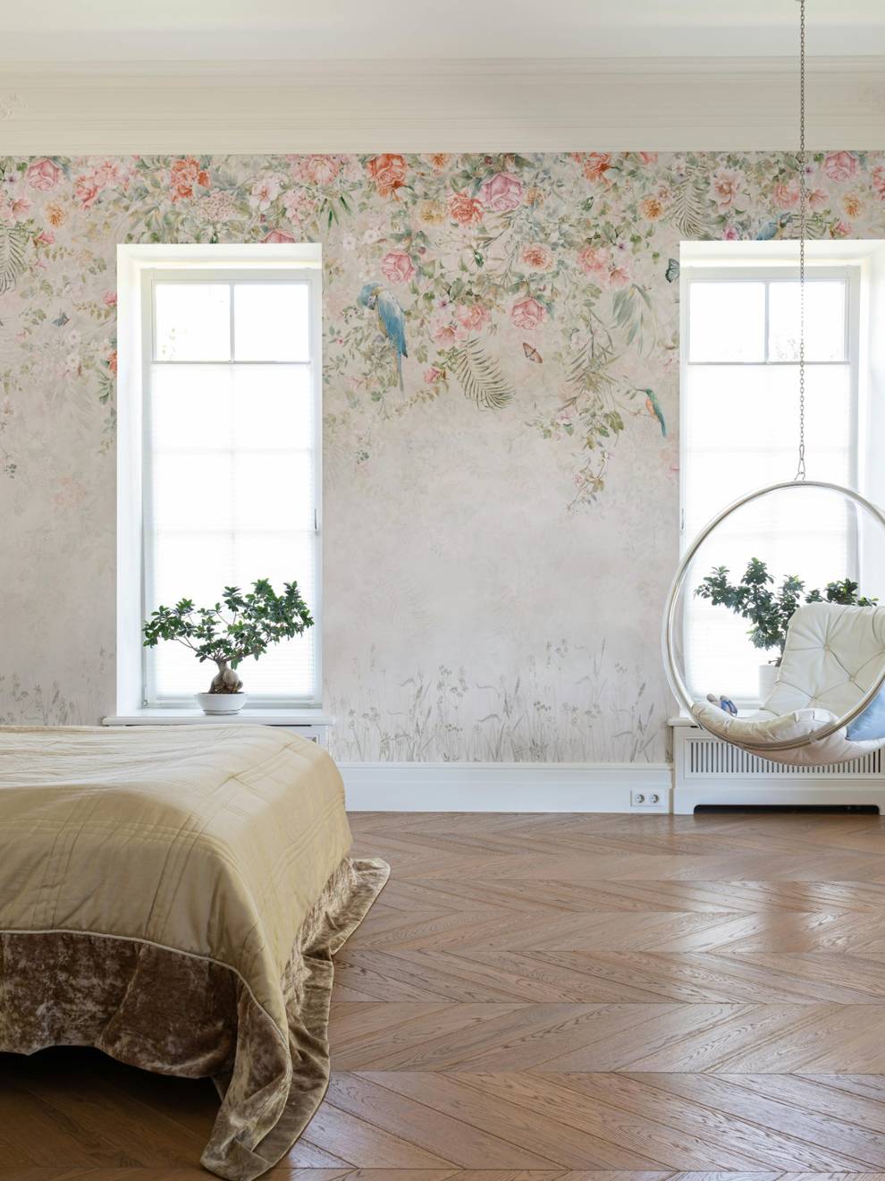 Colorful Ivy Floral and  Birds Wallpaper Mural