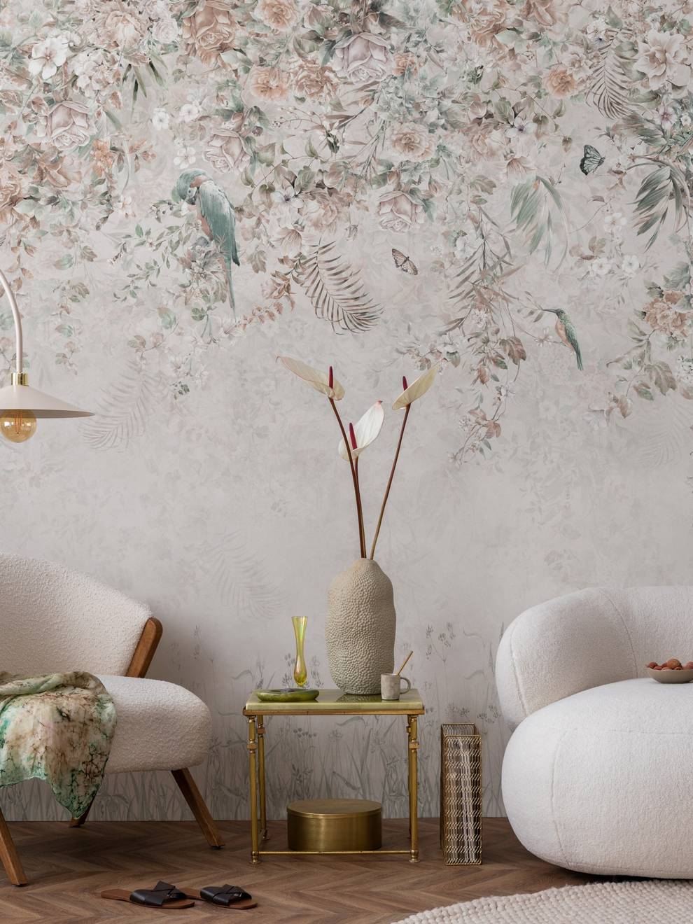 Whimsical Ivy Floral and  Birds Wallpaper Mural
