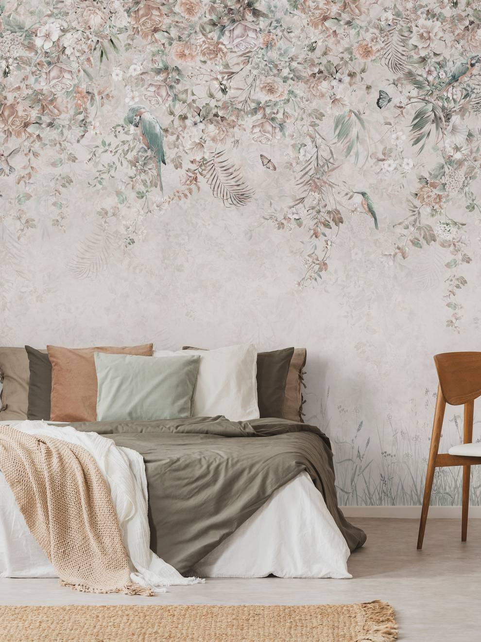 Whimsical Ivy Floral and  Birds Wallpaper Mural