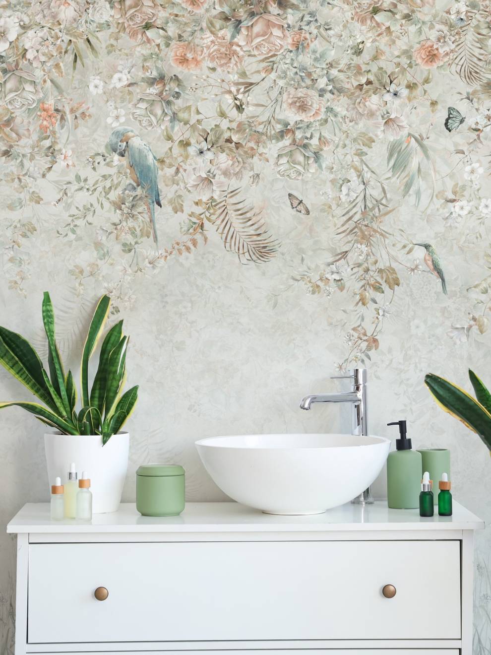 Whimsical Ivy Floral and  Birds Wallpaper Mural