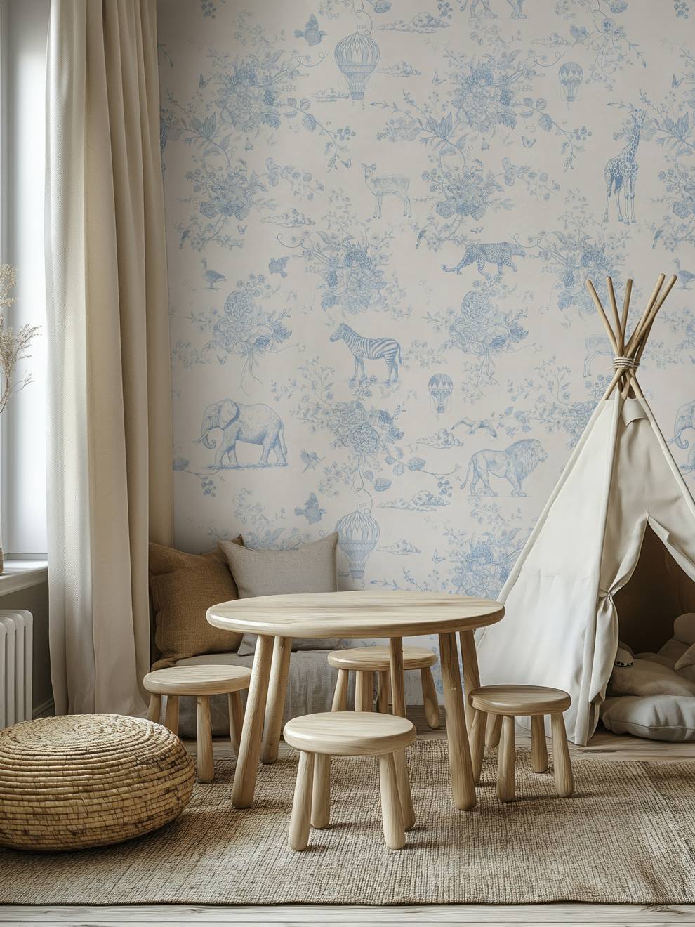 Kids Whimsical Safari Animal and Floral Wallpaper Mural