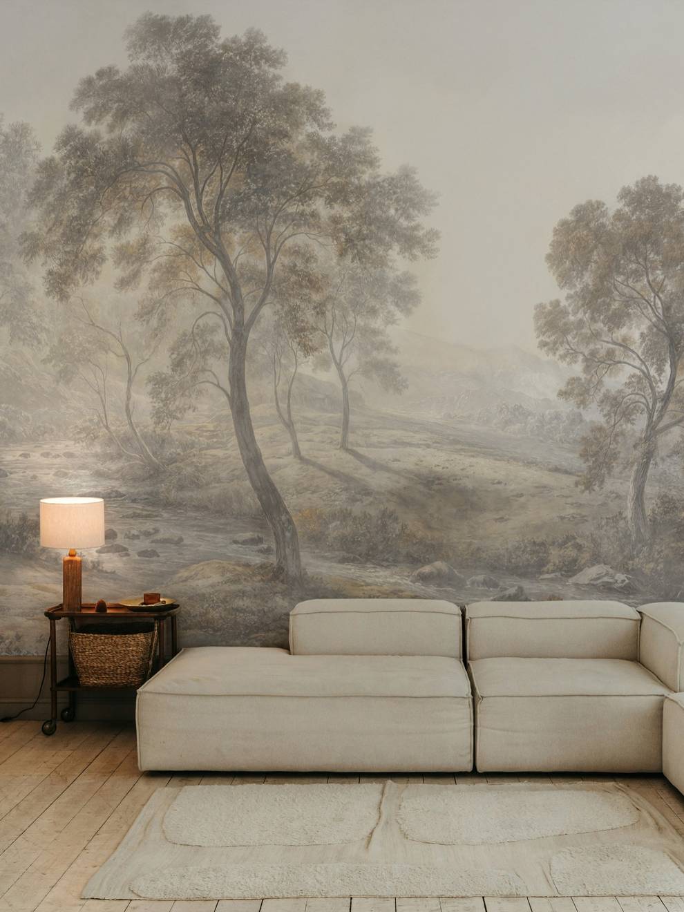 Serene Misty Mountain and River Landscape Wall Mural