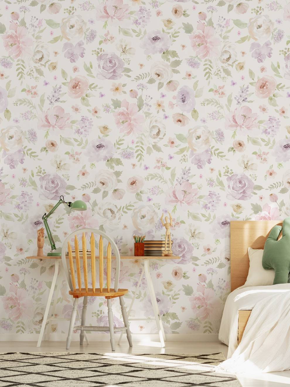 Kids Romantic Watercolor Floral Wallpaper Mural