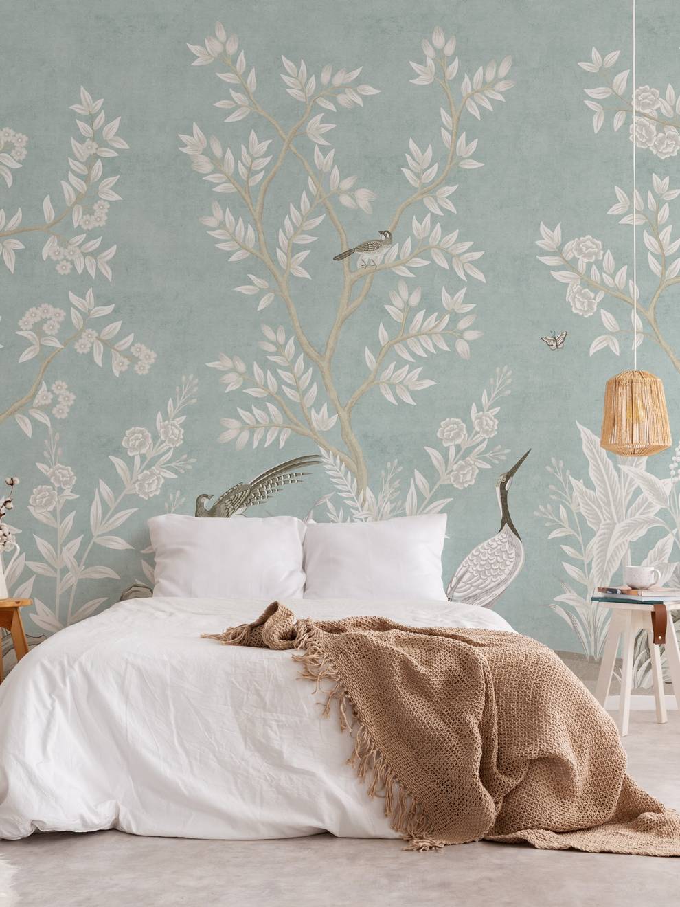 Elegant Chinoiserie Birds and Leaves Wallpaper Mural