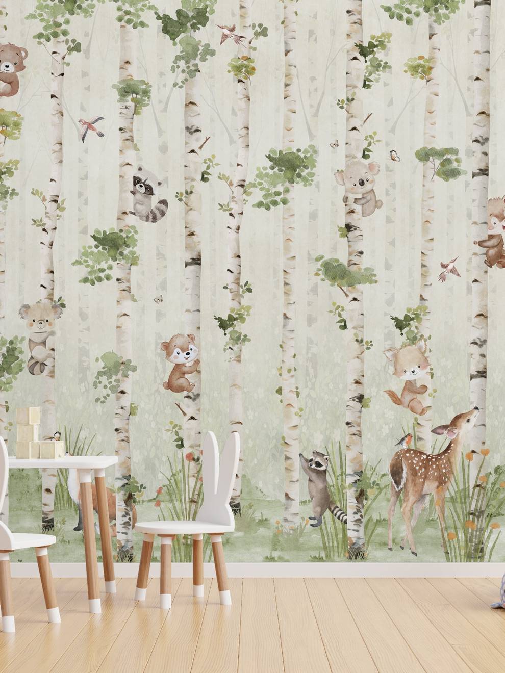 Cute Animals and Birch Tree Kids Wallpaper