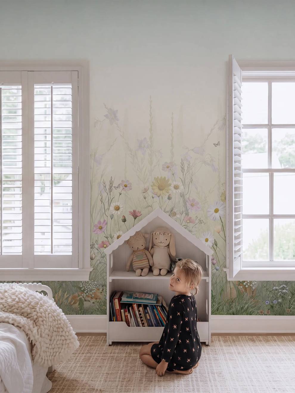 Kids Whimsical Fox Meadow Floral Wallpaper Mural