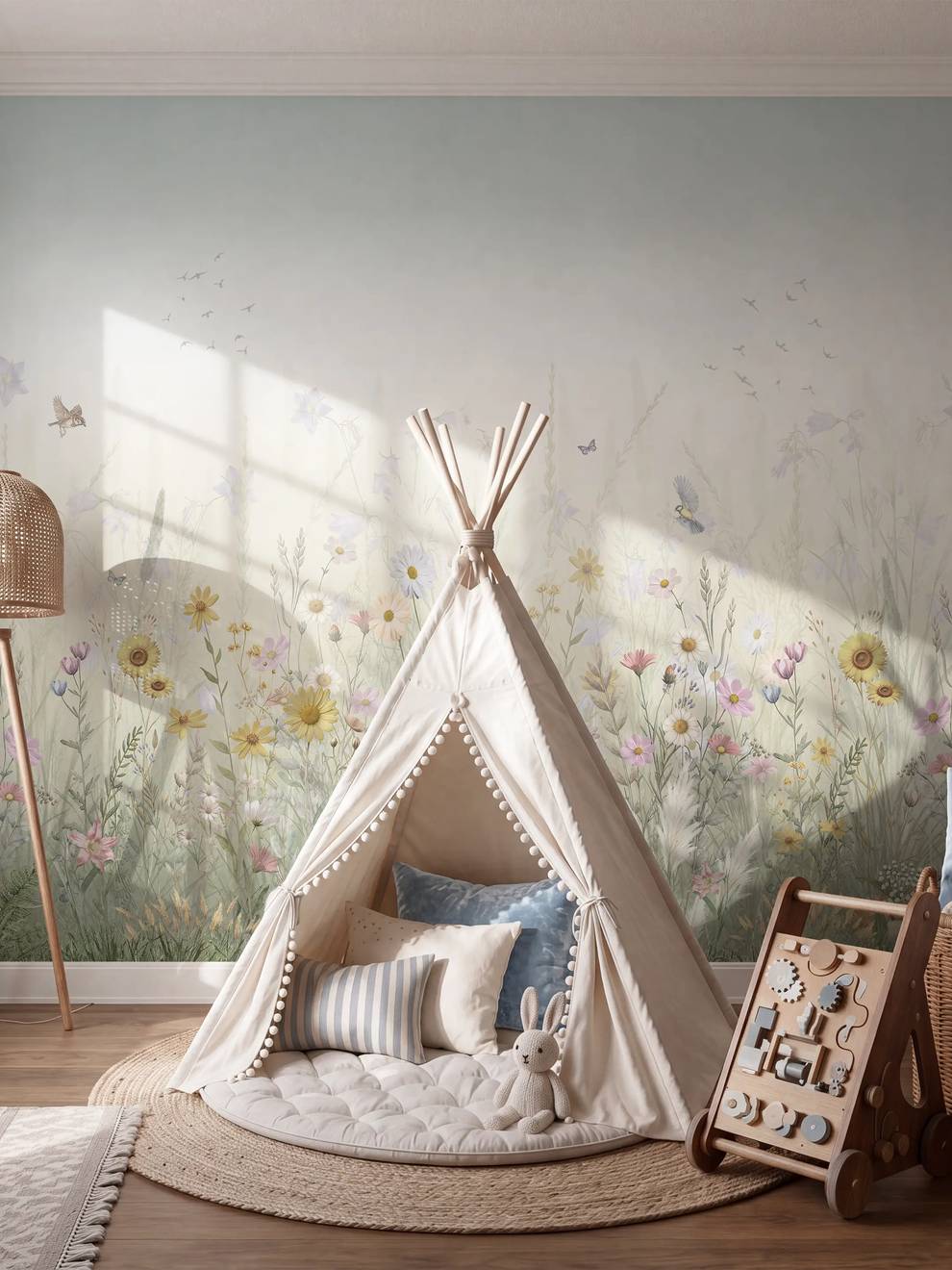 Kids Whimsical Fox Meadow Floral Wallpaper Mural