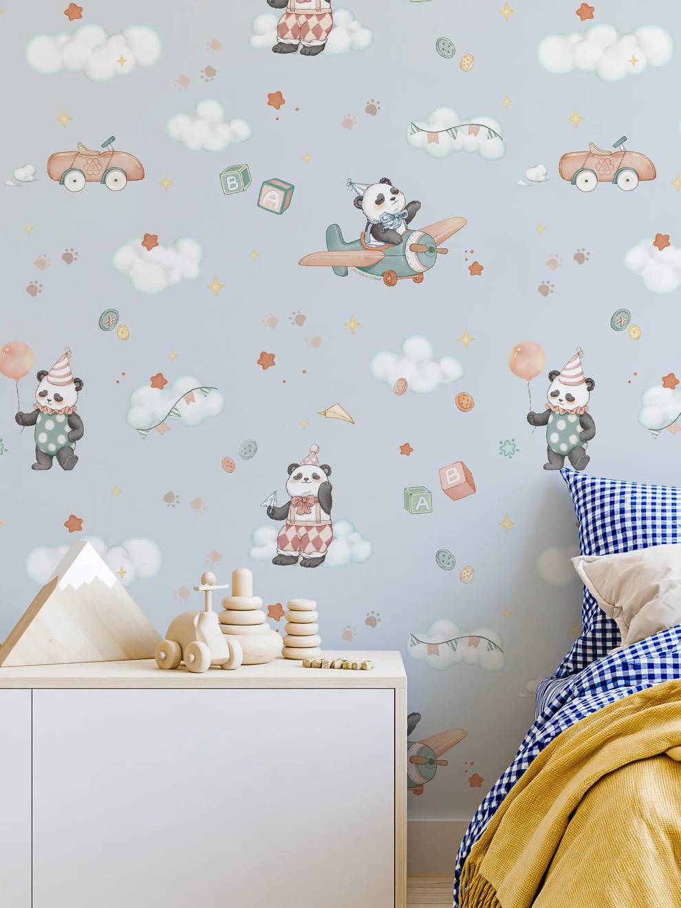Kids Watercolor Panda Airplane Clouds Wallpaper Mural