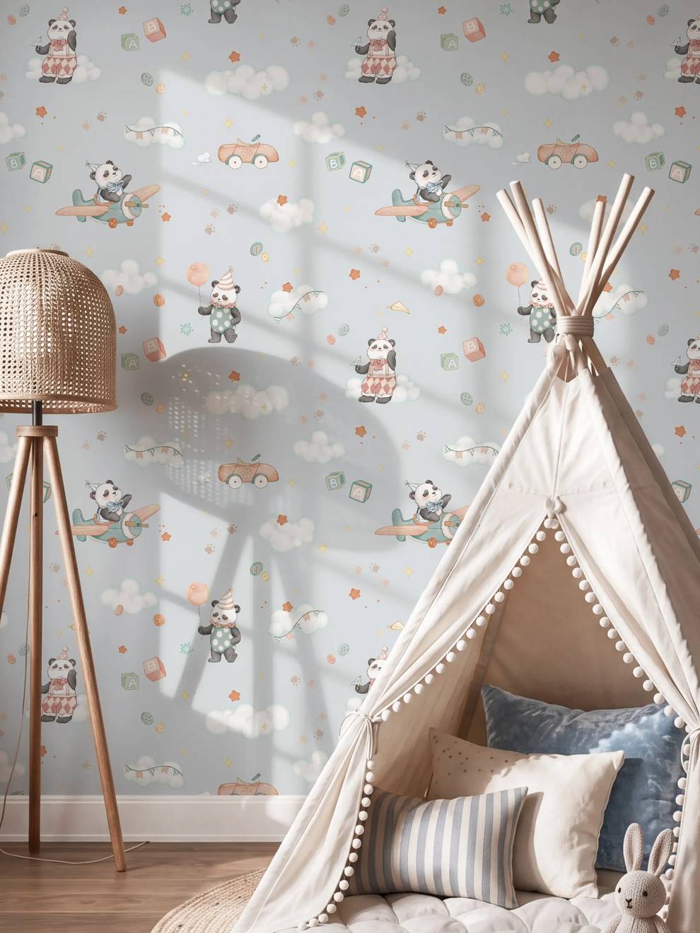 Kids Watercolor Panda Airplane Clouds Wallpaper Mural