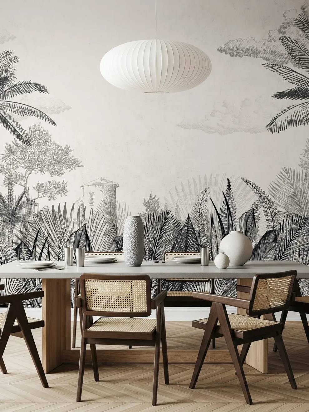 Black and White Tropical Toile Wallpaper Mural
