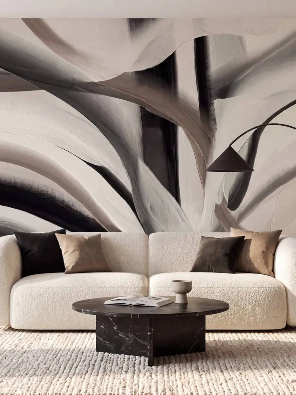 Black and Cream Abstract Brushstroke Wallpaper Mural